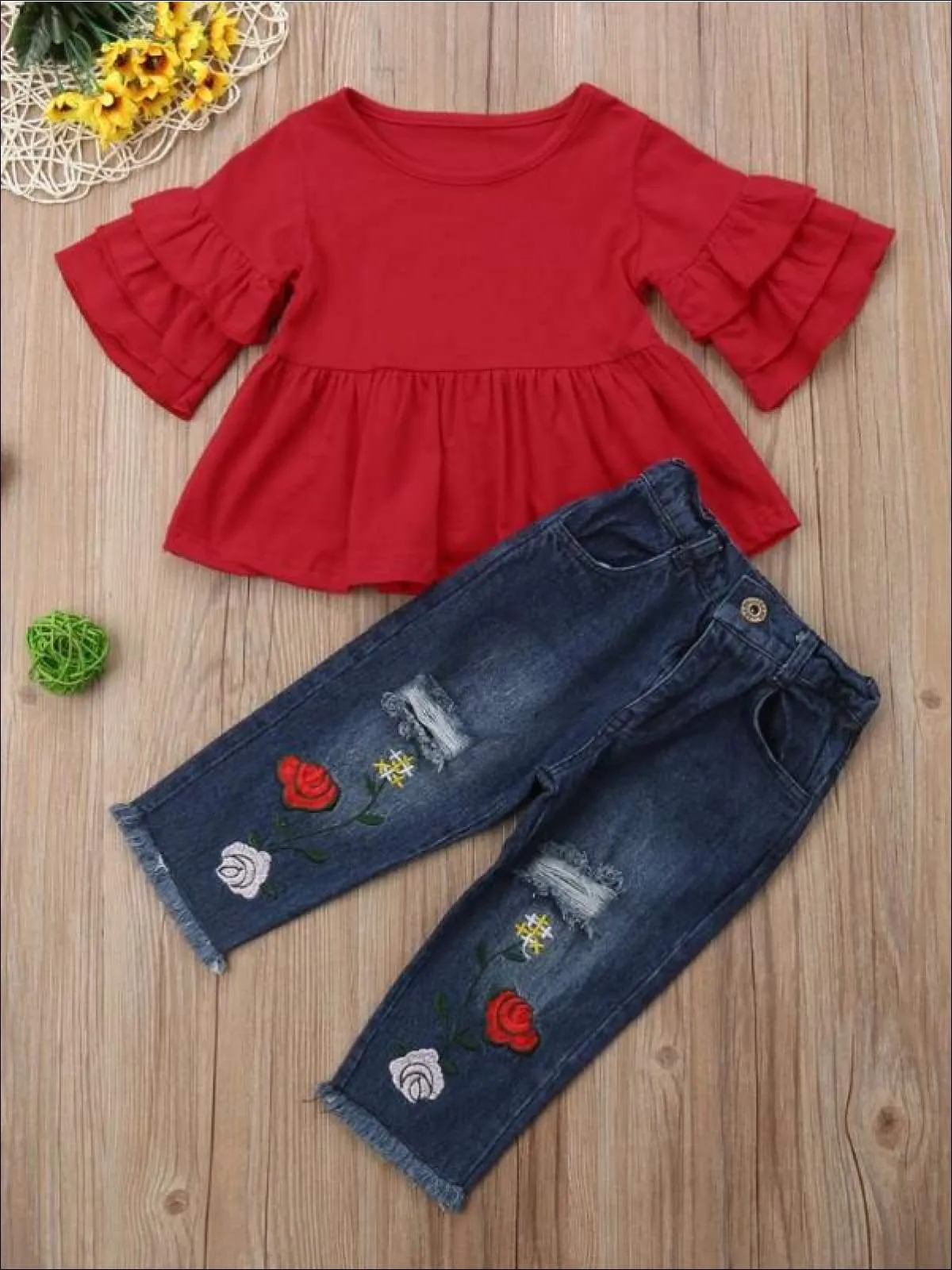 Rosie Ruffle Sleeve Top And Distressed Jeans Set