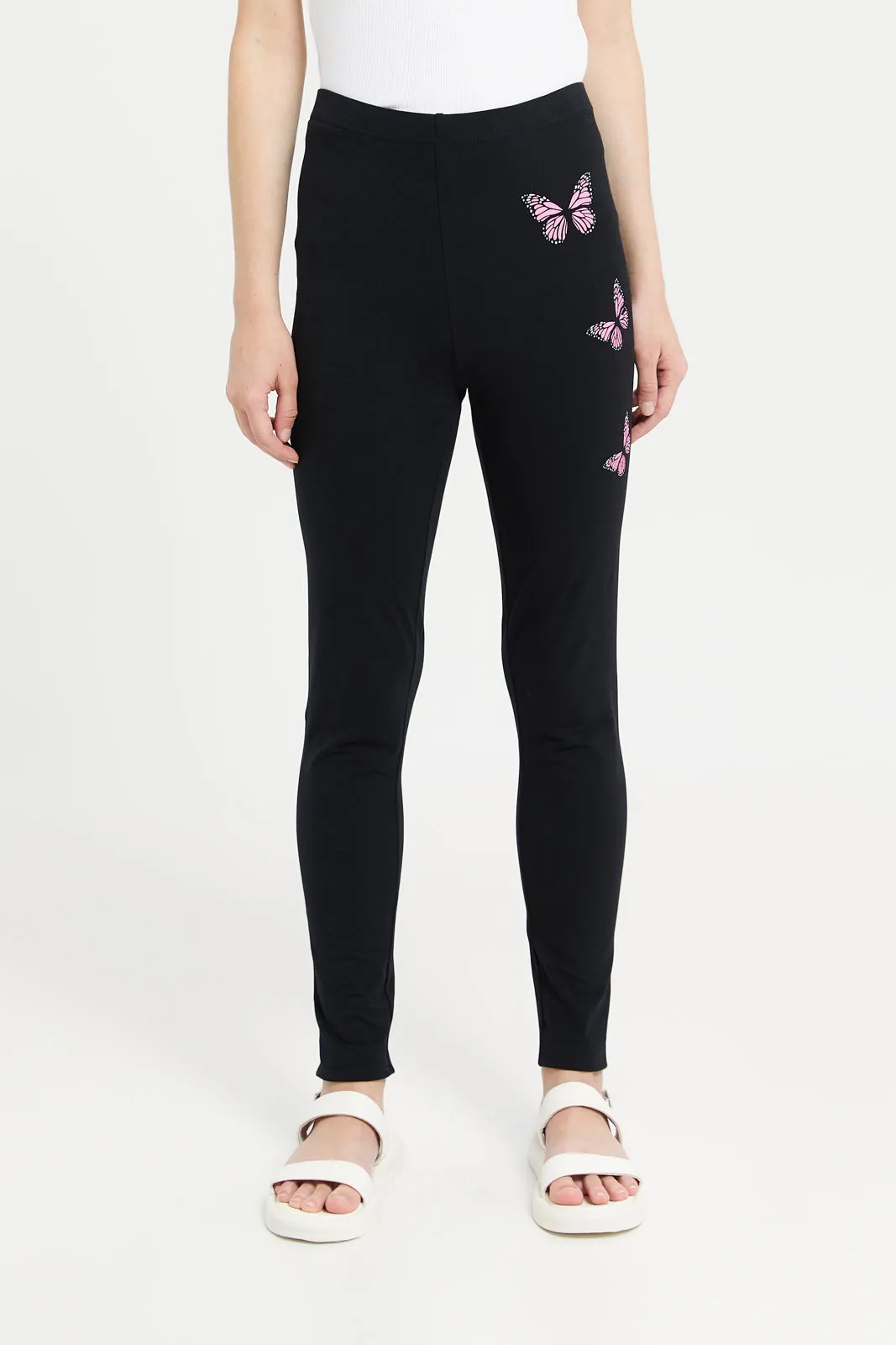 Senior Girls Black Printed Leggings