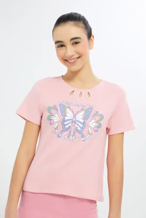 Senior Girls Pink Butterfly Print T-Shirt