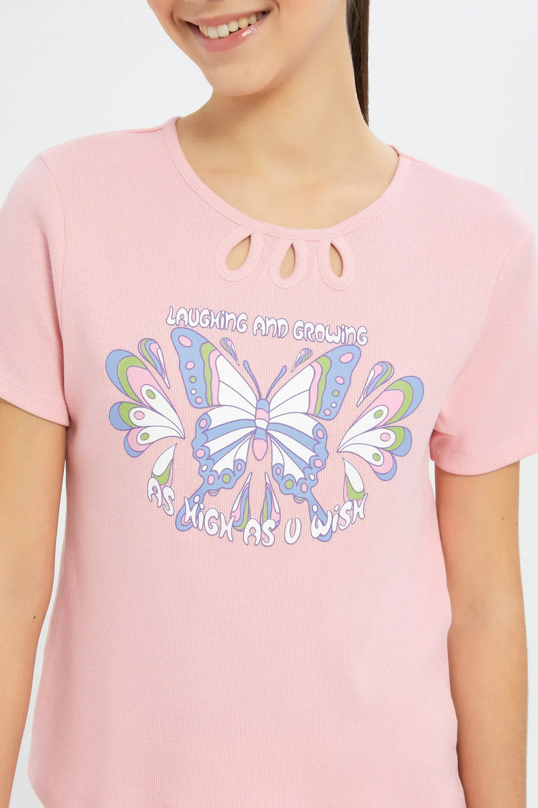 Senior Girls Pink Butterfly Print T-Shirt