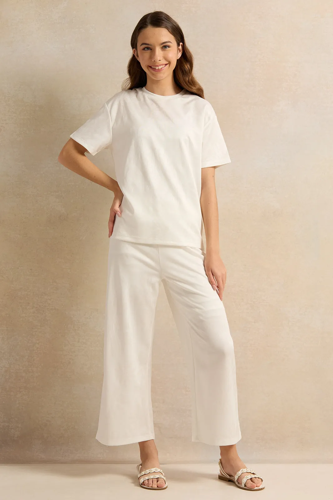 Senior Girls White Jacquard Wide Leg Trousers