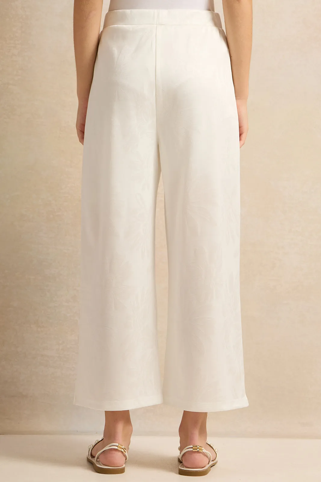 Senior Girls White Jacquard Wide Leg Trousers