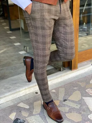 Slim Fit Patterned Beige Trousers