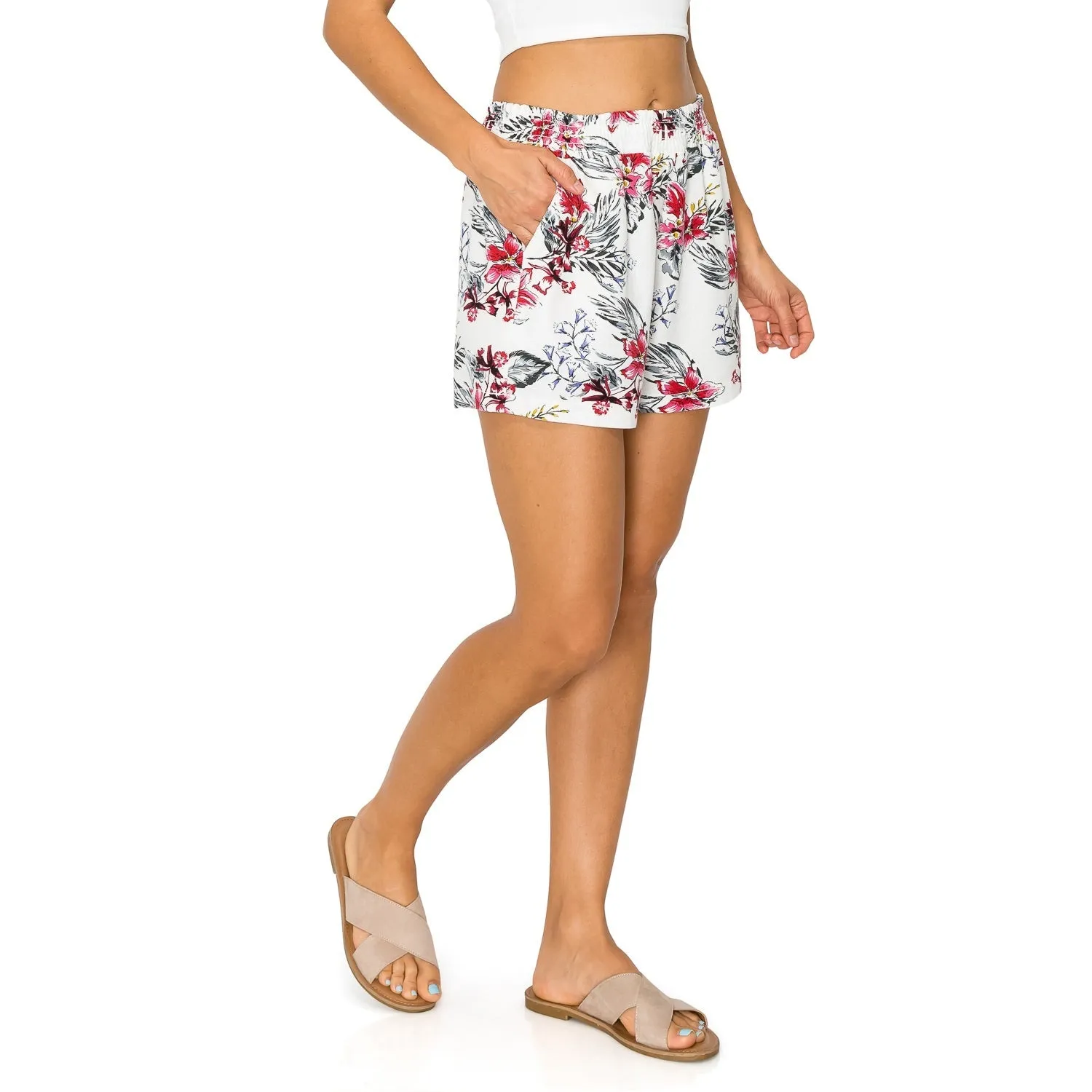 Smocked High Waisted Linen Shorts - Floral