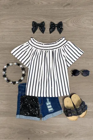 Striped Sequin Distressed Denim Short Set