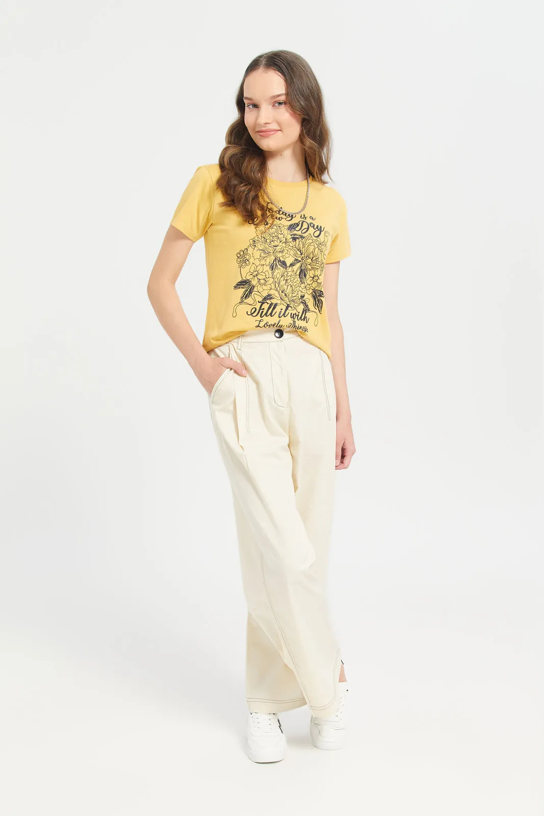 White Poplin Wideleg Pants With Contrast Top Stitch