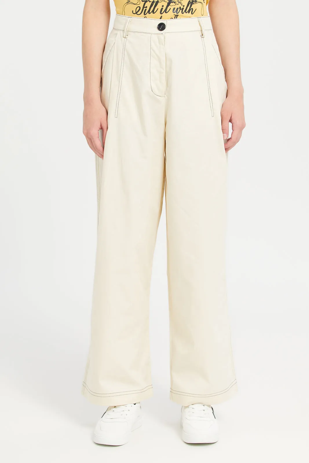 White Poplin Wideleg Pants With Contrast Top Stitch