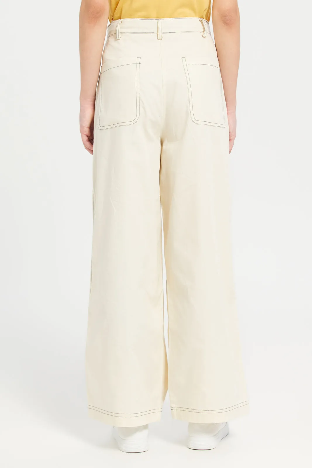 White Poplin Wideleg Pants With Contrast Top Stitch