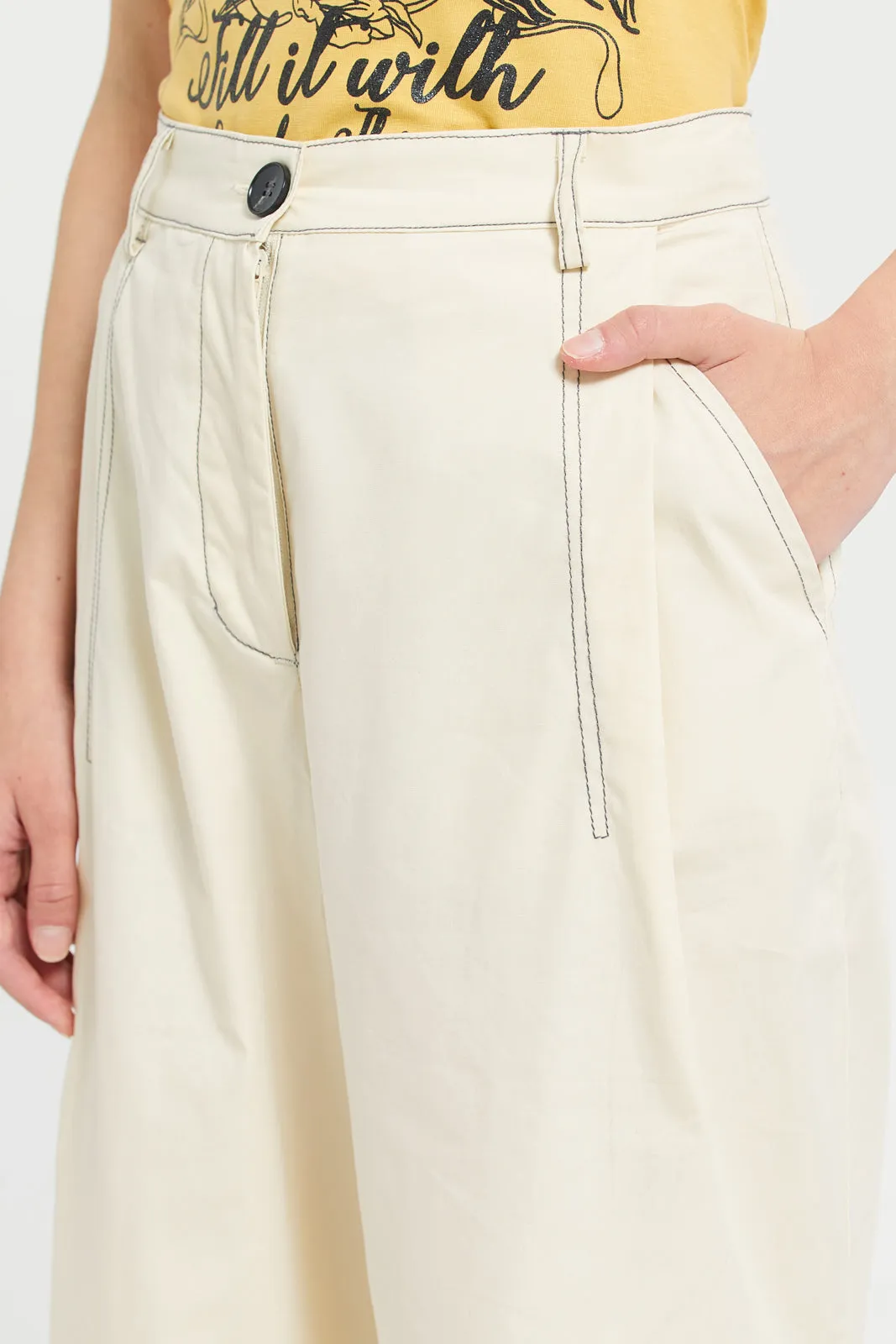 White Poplin Wideleg Pants With Contrast Top Stitch