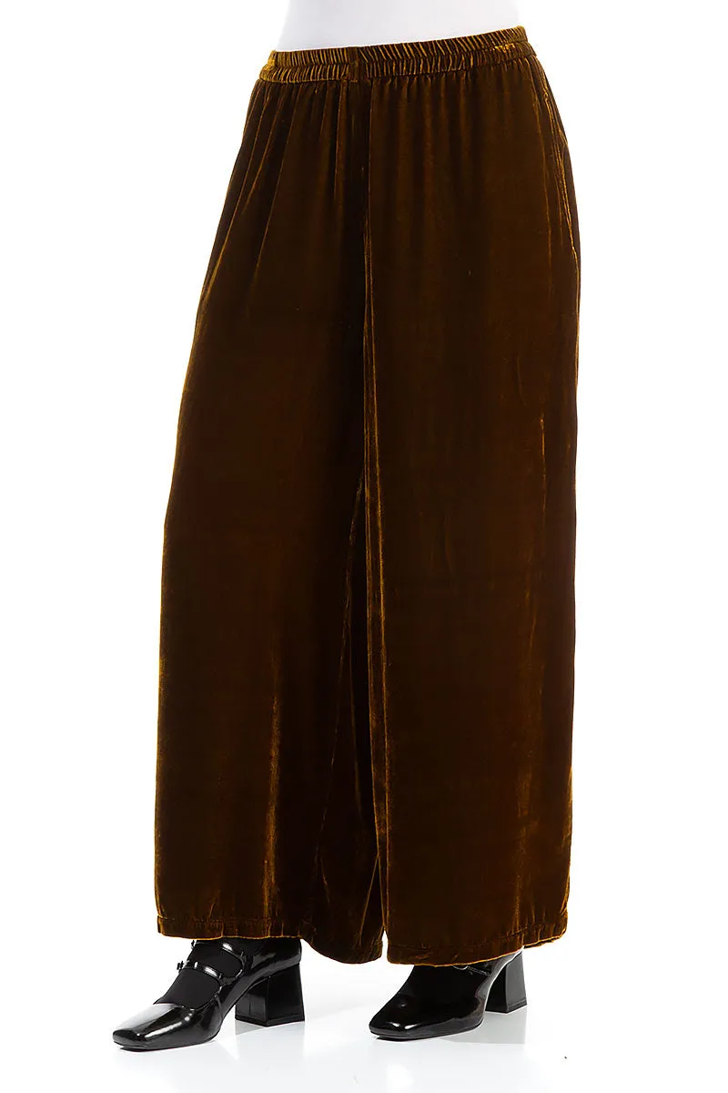 Wide Loose Golden Olive Silk Velvet Trousers