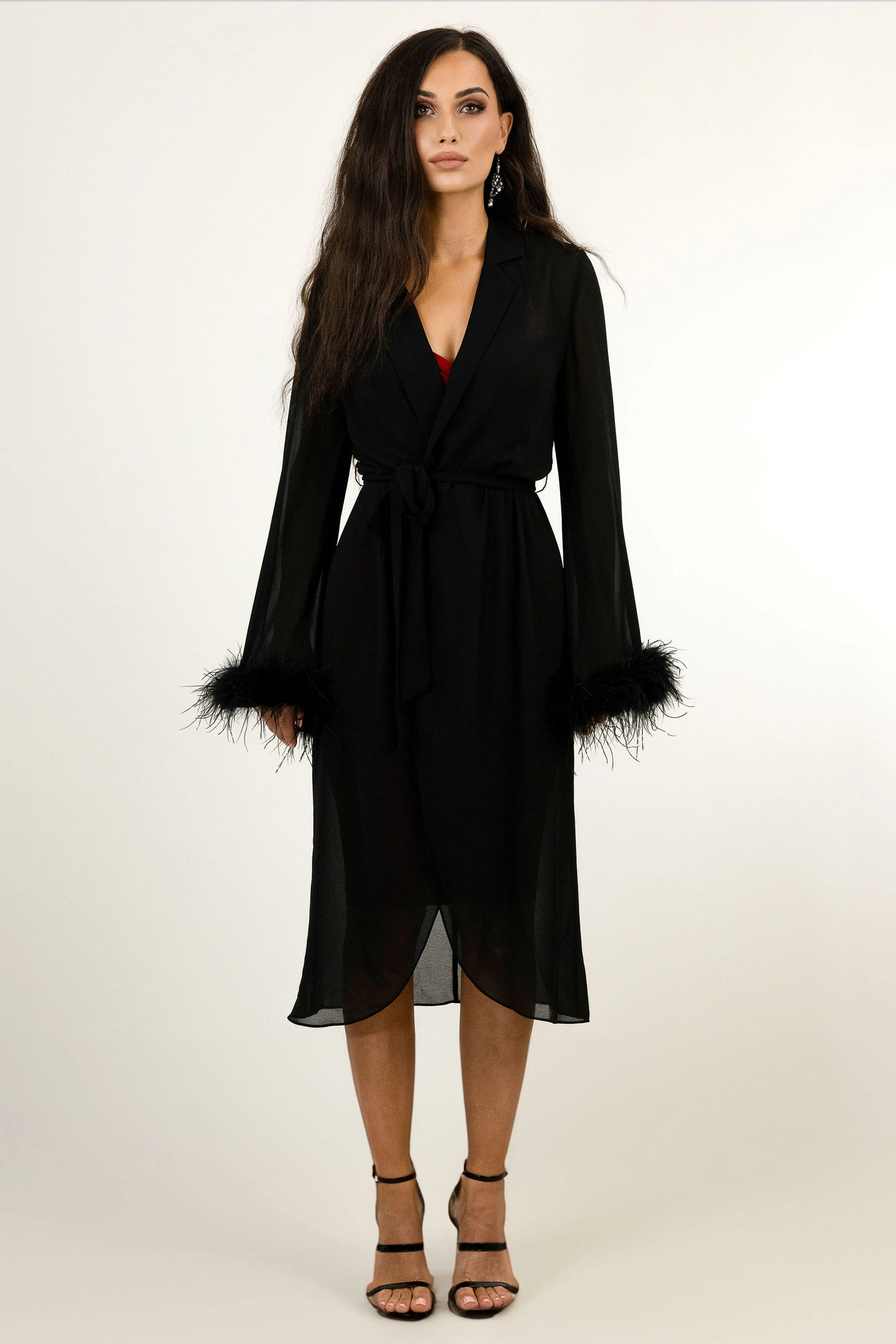 WOMENS OSTRICH FEATHER TRIMMED WRAP DRESS